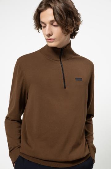 Sweter HUGO Zip Neck Brązowe Męskie (Pl80448)